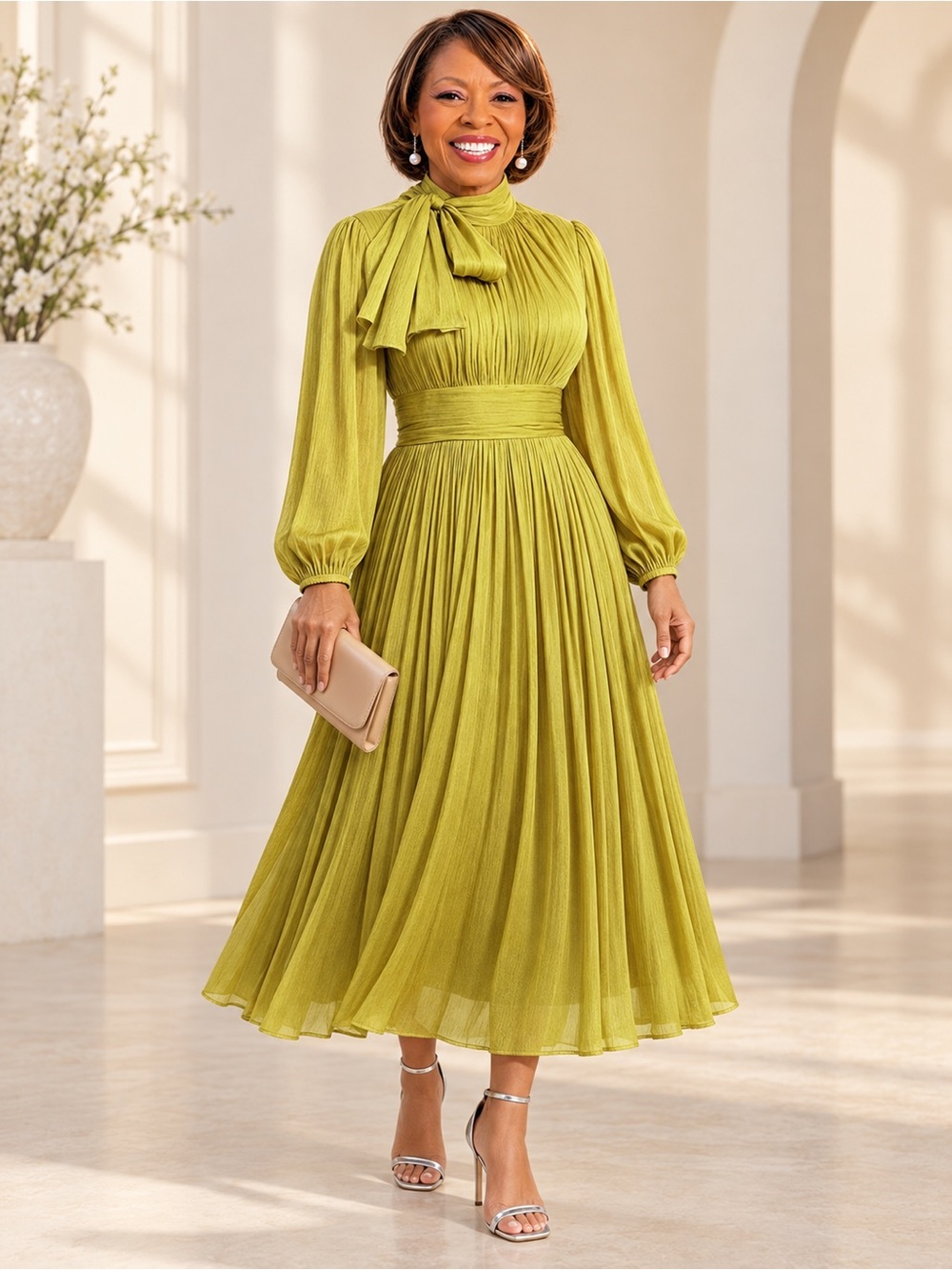 Plus Size Chartreuse Bow Tie-Neck Pleated Midi Dress – 0XL